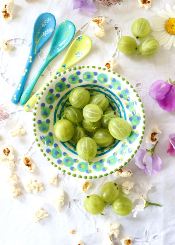 NEW IN: Nut Bowl - White with Large Teal Circles & Stripes