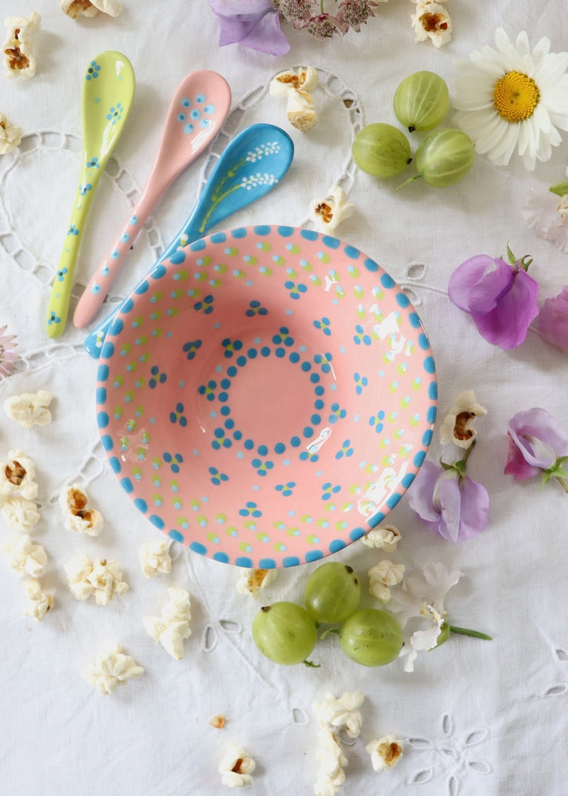 New In: Nut Bowl - Pink with Mid Blue & Lime Dots