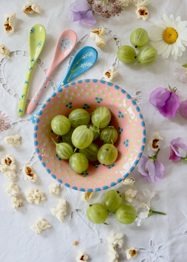 New In: Nut Bowl - Pink with Mid Blue & Lime Dots