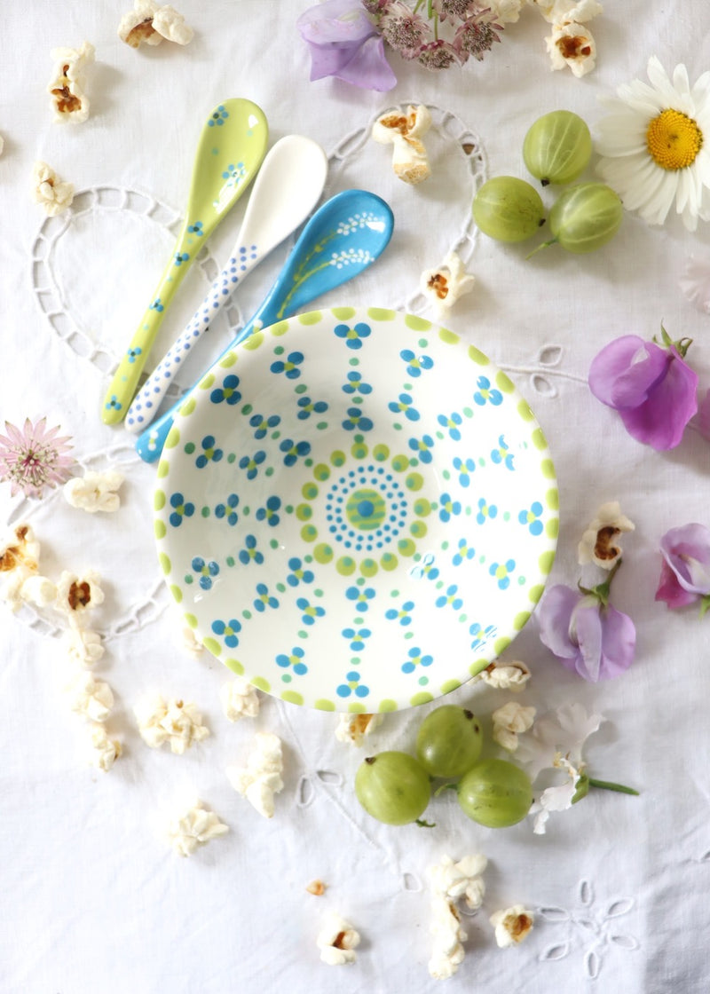 New In: Nut Bowl - White with Mid Blue Dots & Lime