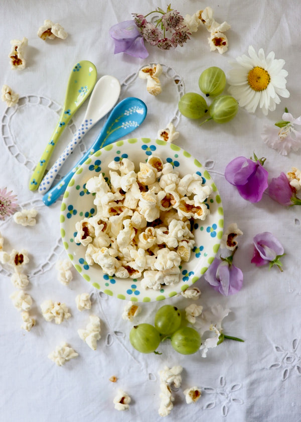 New In: Nut Bowl - White with Mid Blue Dots & Lime