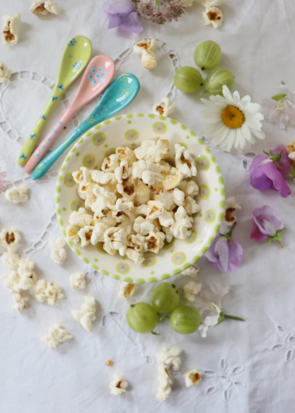 New In: Nut Bowl - White with Lime & Pink Circles
