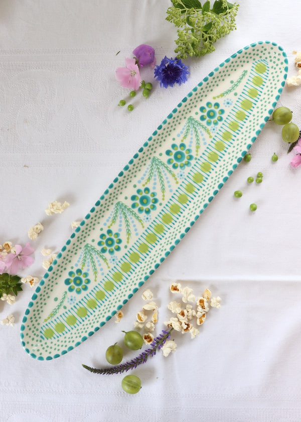 Garlic Platter - White with Teal & Lime Flowers