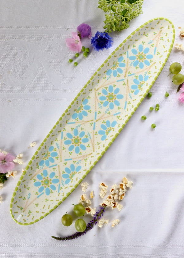 Garlic Platter - White with Blue and Green Flowers