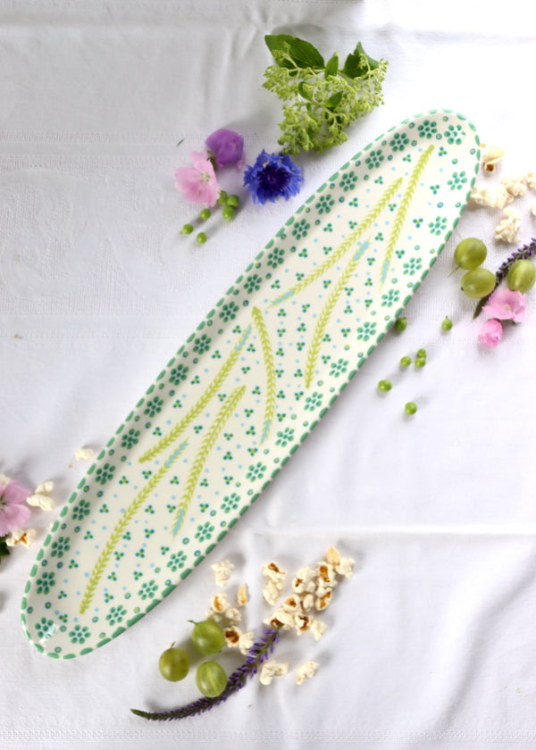 Garlic Platter - White with Lime Fronds & Teal Flowers