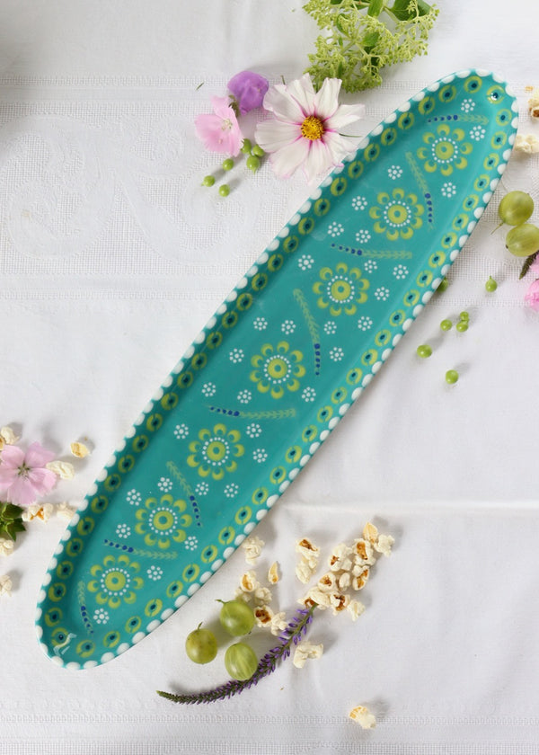 Garlic Platter Teal with Yellow Flowers