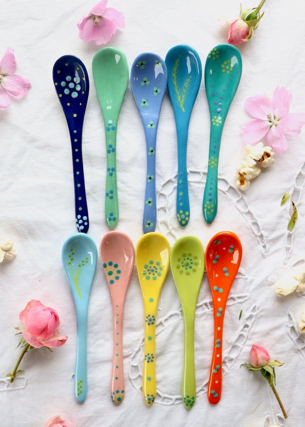 Ceramic Spoon - White with Little Orange Flower