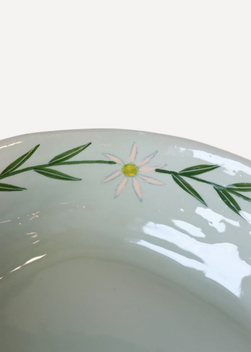 NEW: Large Round Serving Platter Pale Blue with White Daisy