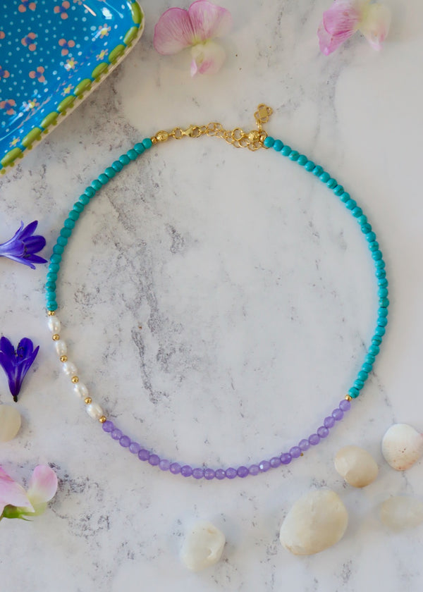 Vivia Pearl Turquoise & Purple Jade Necklace