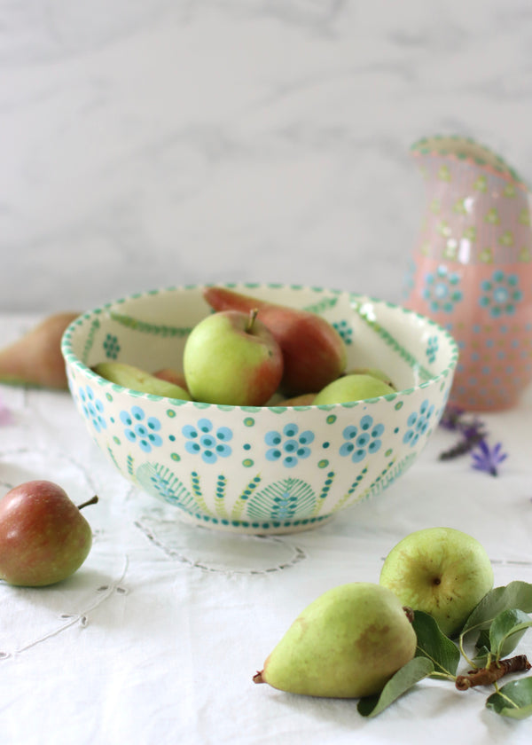 Fruit Bowl - White with Turquoise Daisy