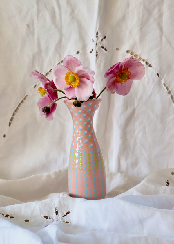 Bud Vase - Pink with Pale Blue Leaf & Blue & White Spots