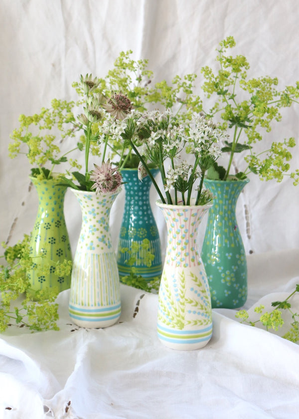 Bud Vase - Lime with Dark Blue Daisy Flowers