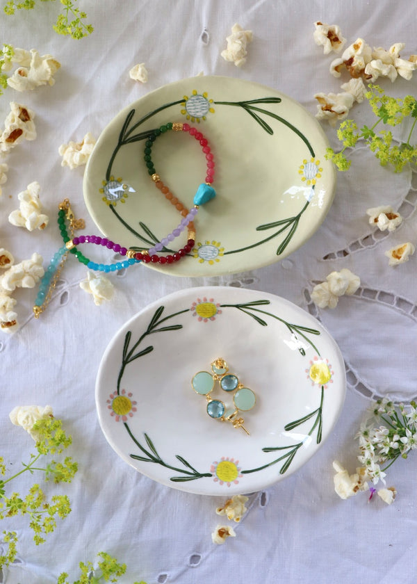 Pair of Gemma Orkin Trinket Dishes  - White & Pale Green Flowers