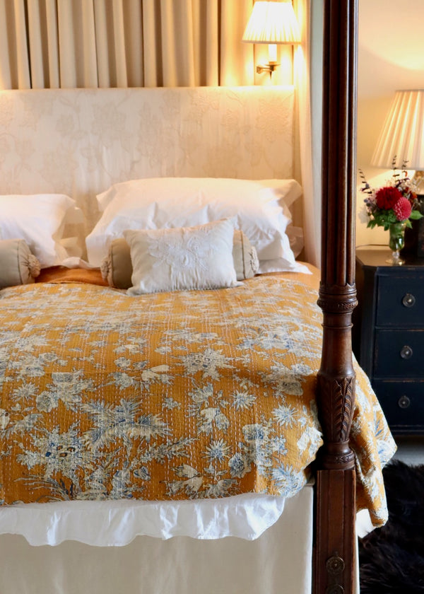 New Kantha Bedspread Golden Floral