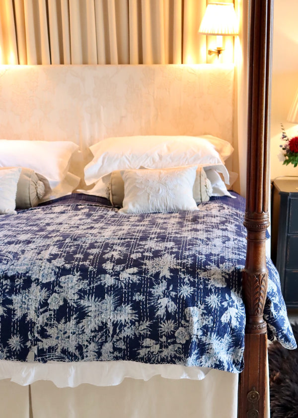 New Kantha Bedspread Navy Floral