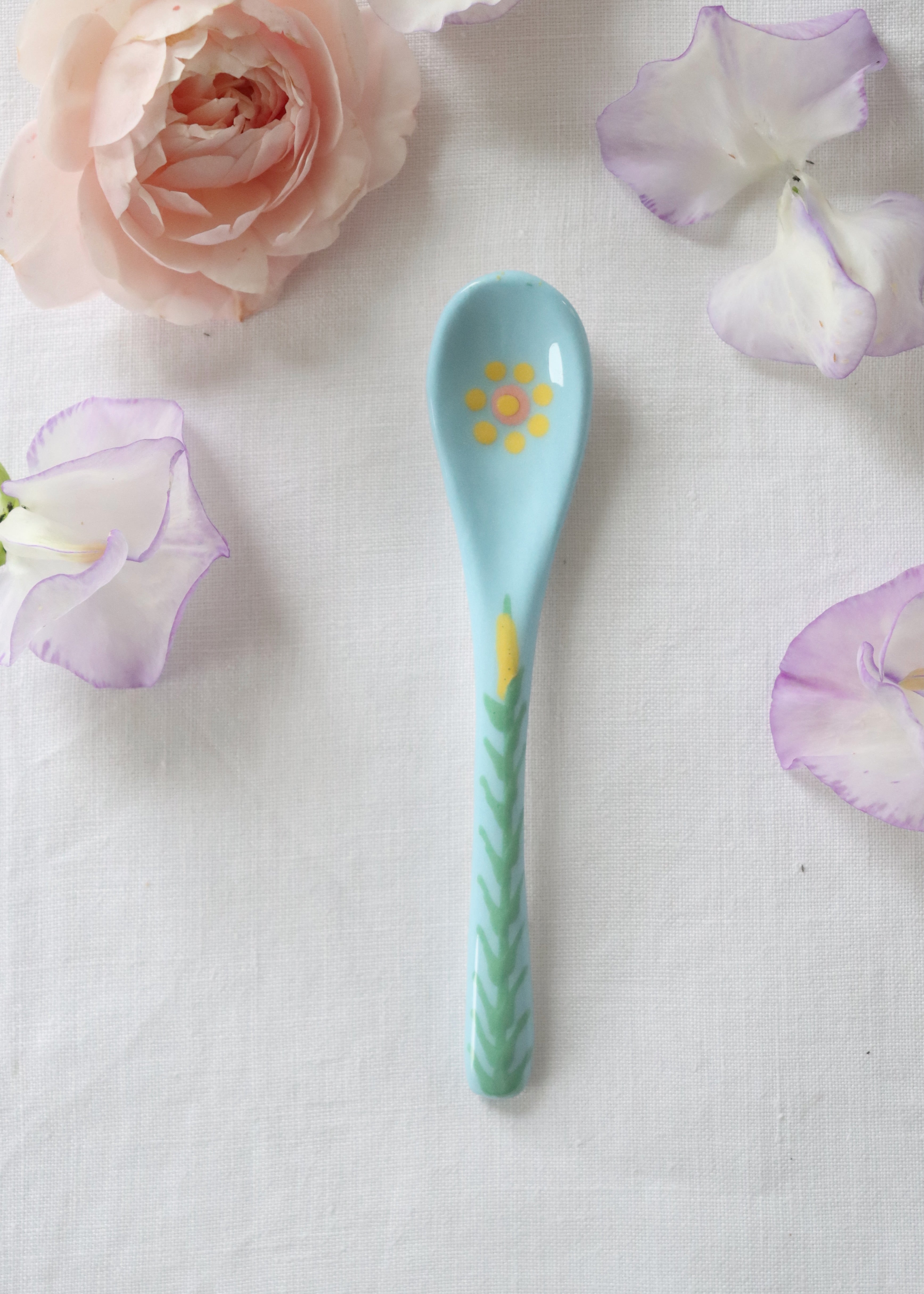 Ceramic Spoon - Pale Blue with Yellow Flower