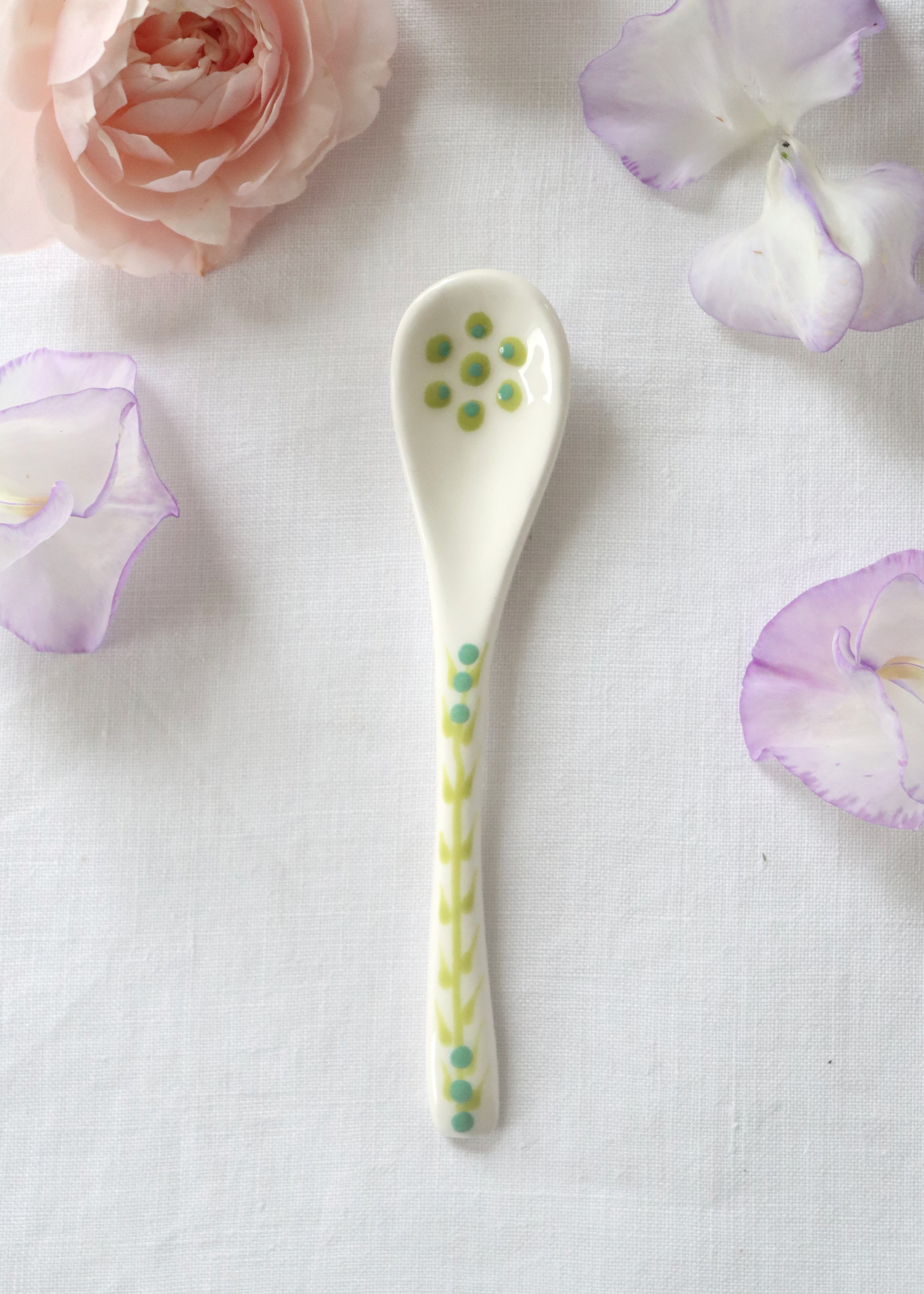 Ceramic Spoon - White with Green Flower
