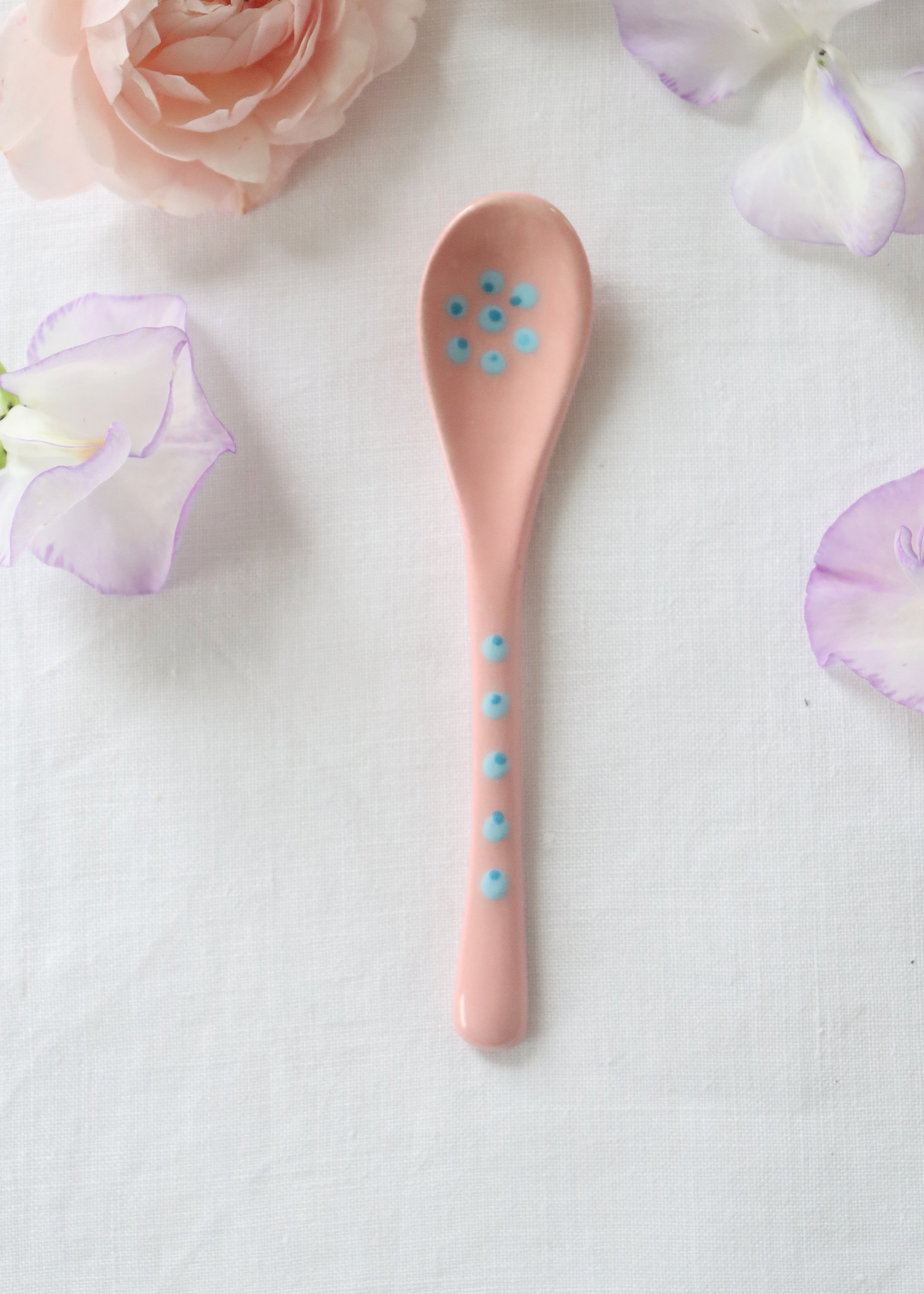 Ceramic Spoon - Pink with Blue Flower