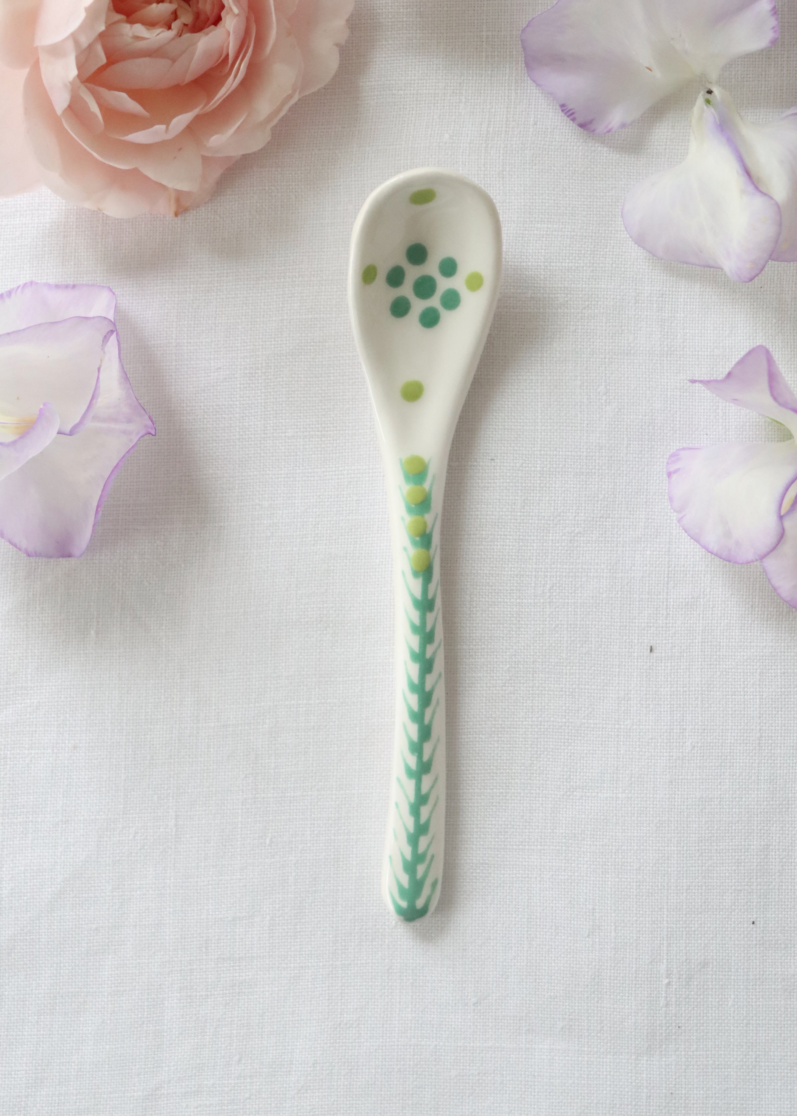 Ceramic Spoon - White with Teal Flower