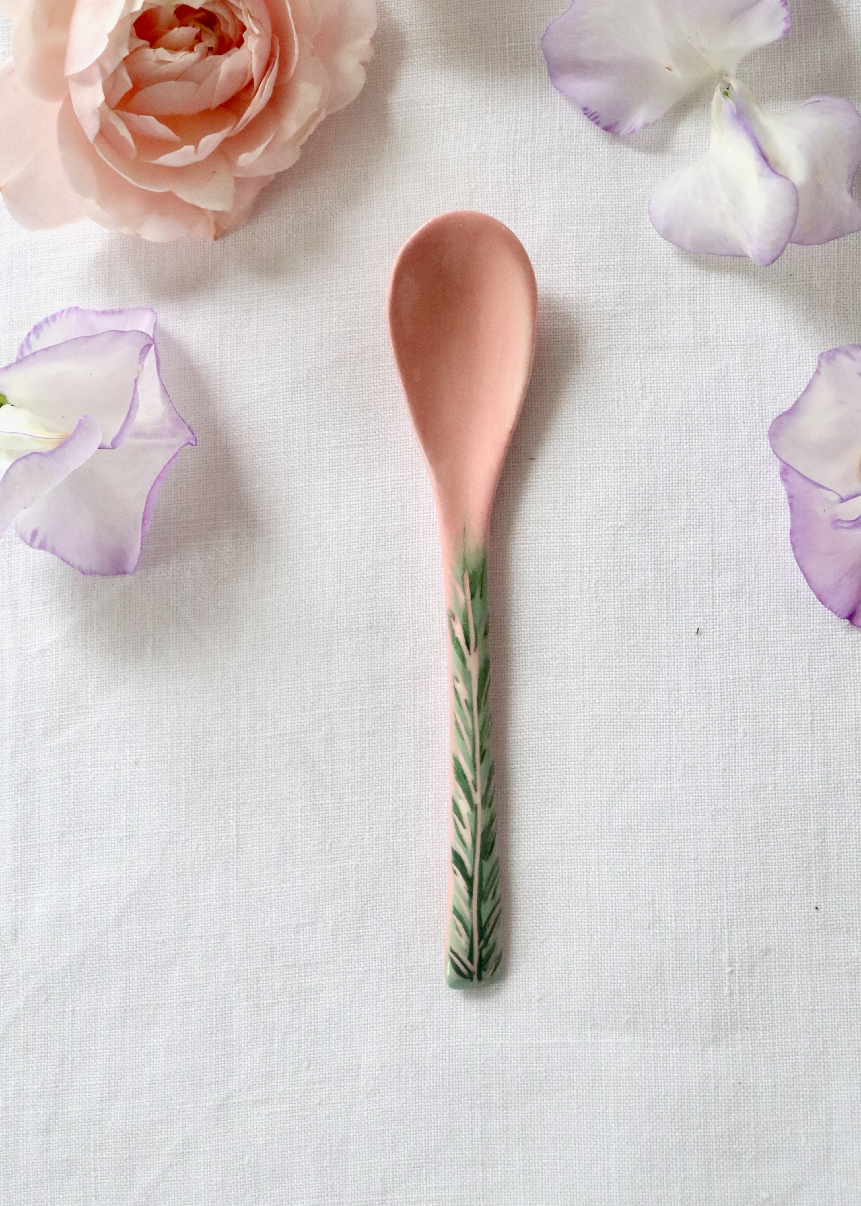 Ceramic Spoon - Pink with Green Feather