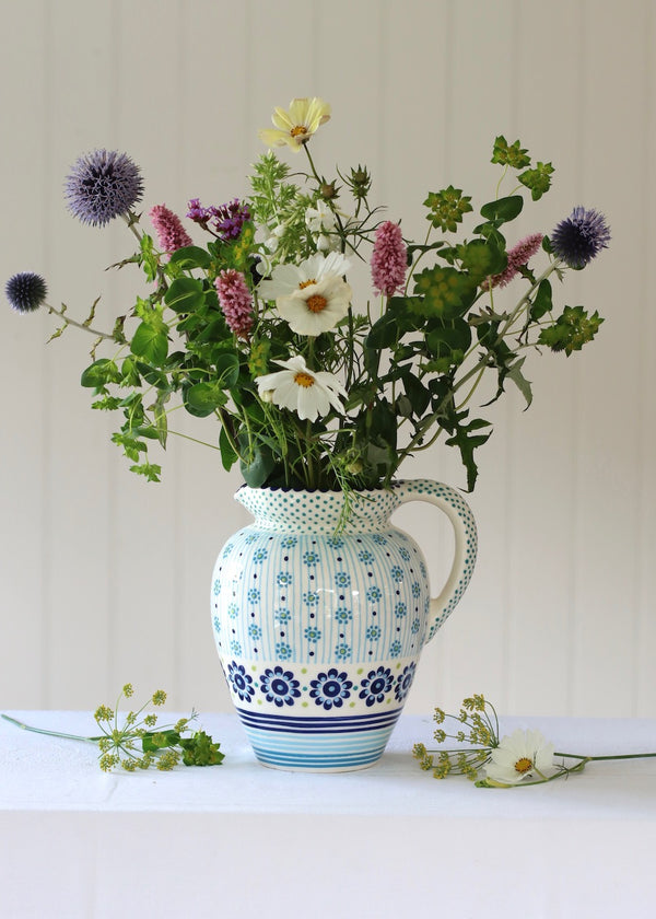 Water Jug - White with Lime Fronds & Pink Feather