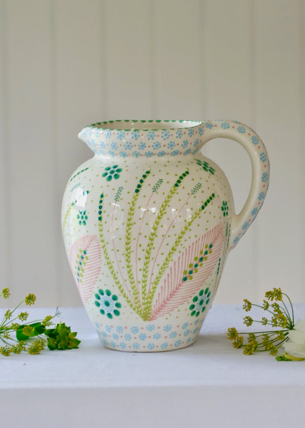 Water Jug - White with Lime Fronds & Pink Feather