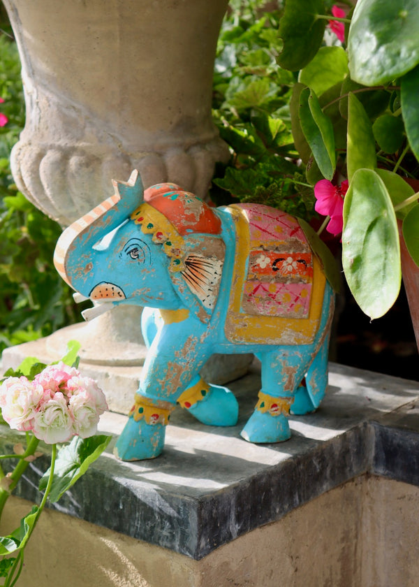 Decorative Wooden Elephant - Pale Blue