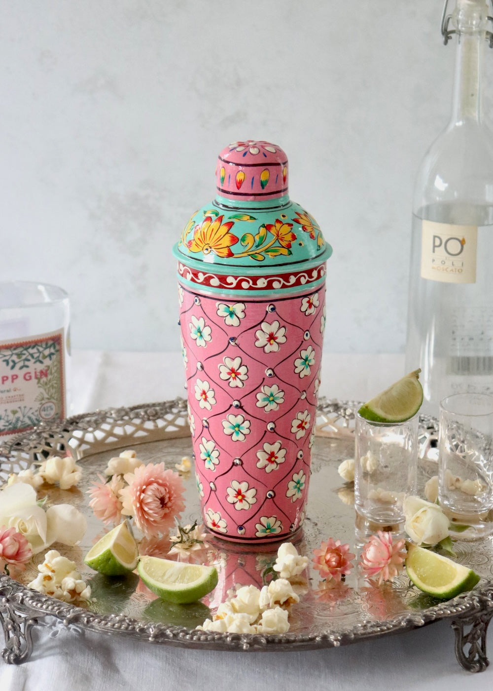 NEW: Cocktail Shaker - Pink with Red & Green Flowers