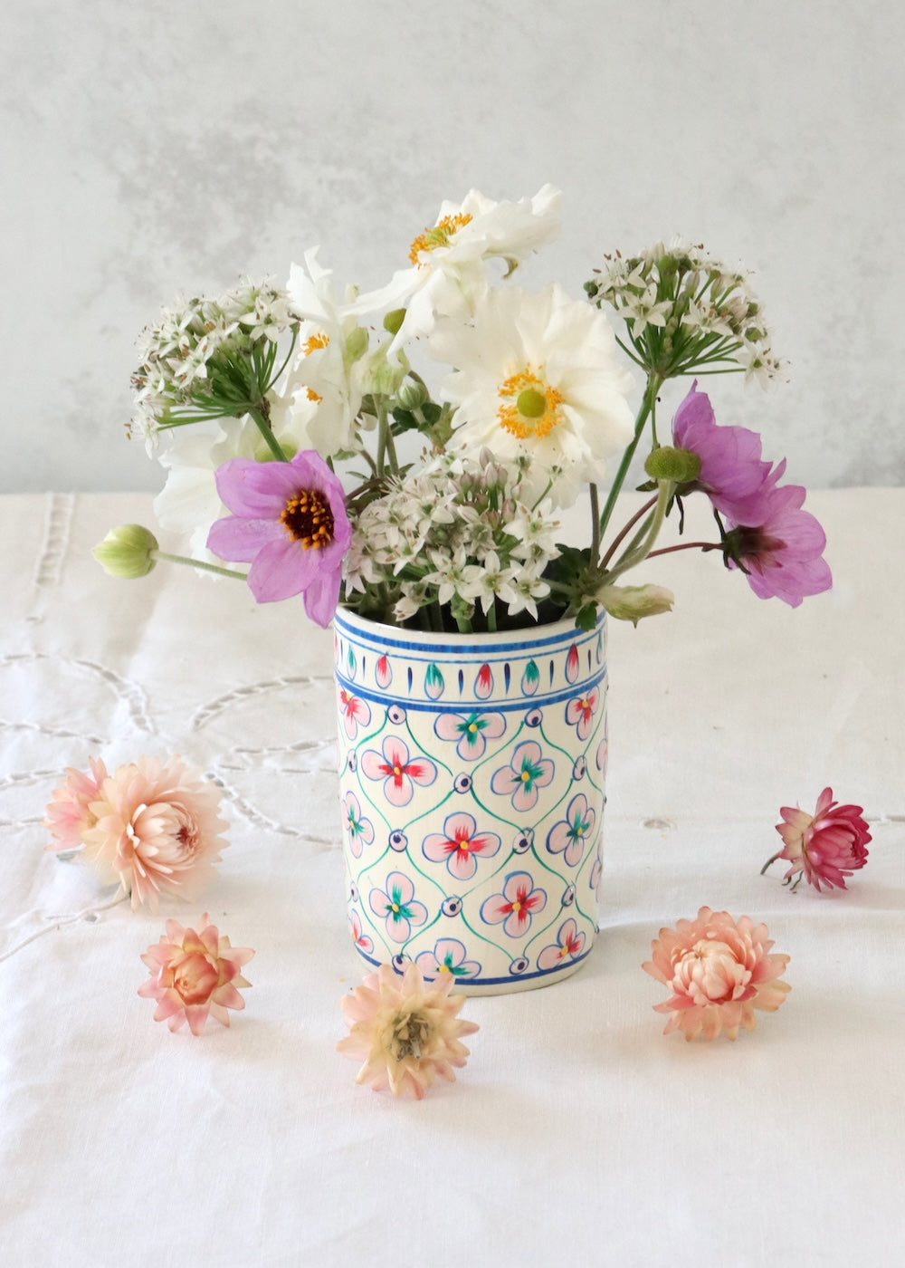 Brush Pot - White and Pink Flowers