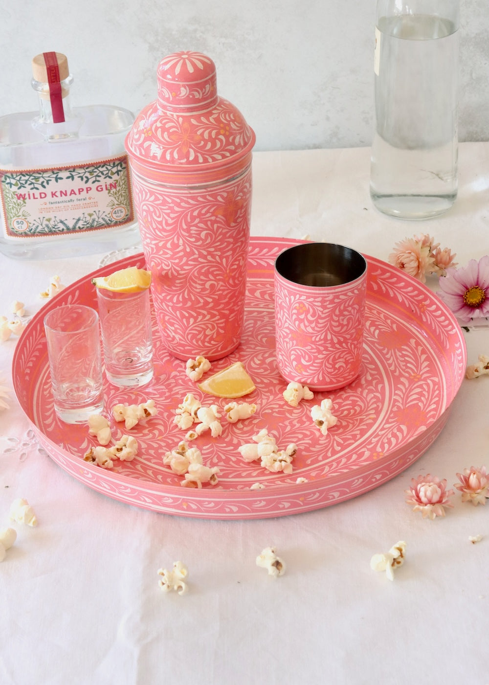 Hand Painted Round Thali Tray: Pink Leaf