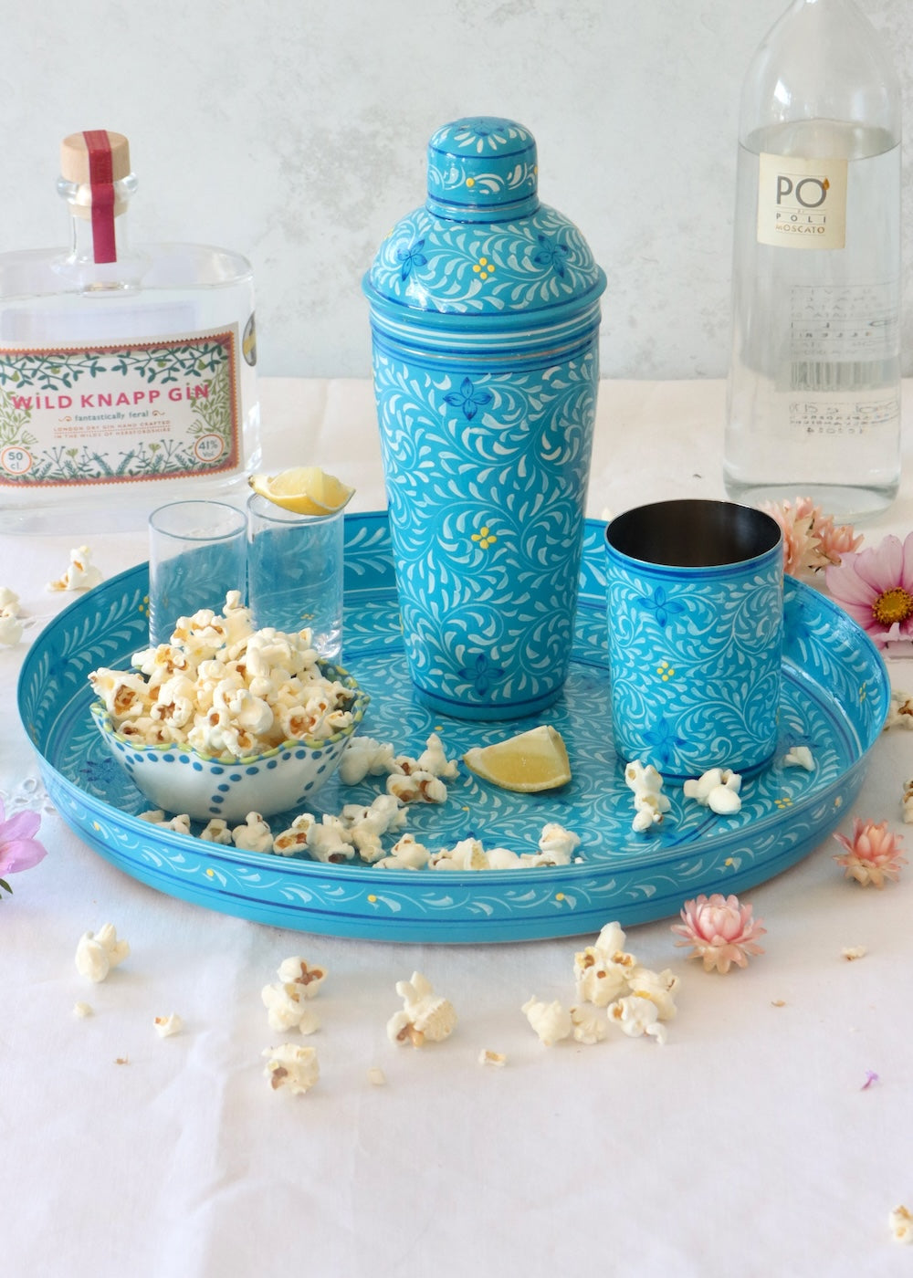Hand Painted Round Thali Tray:  Petrol Blue Leaf