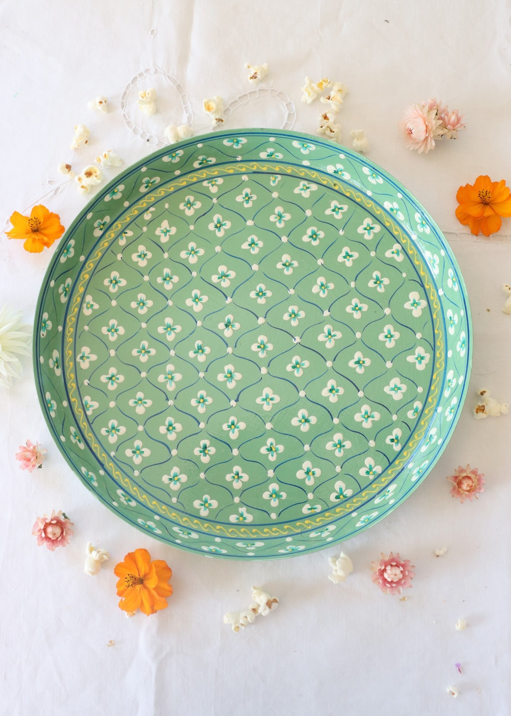 Hand Painted Round Thali Tray:  Olive