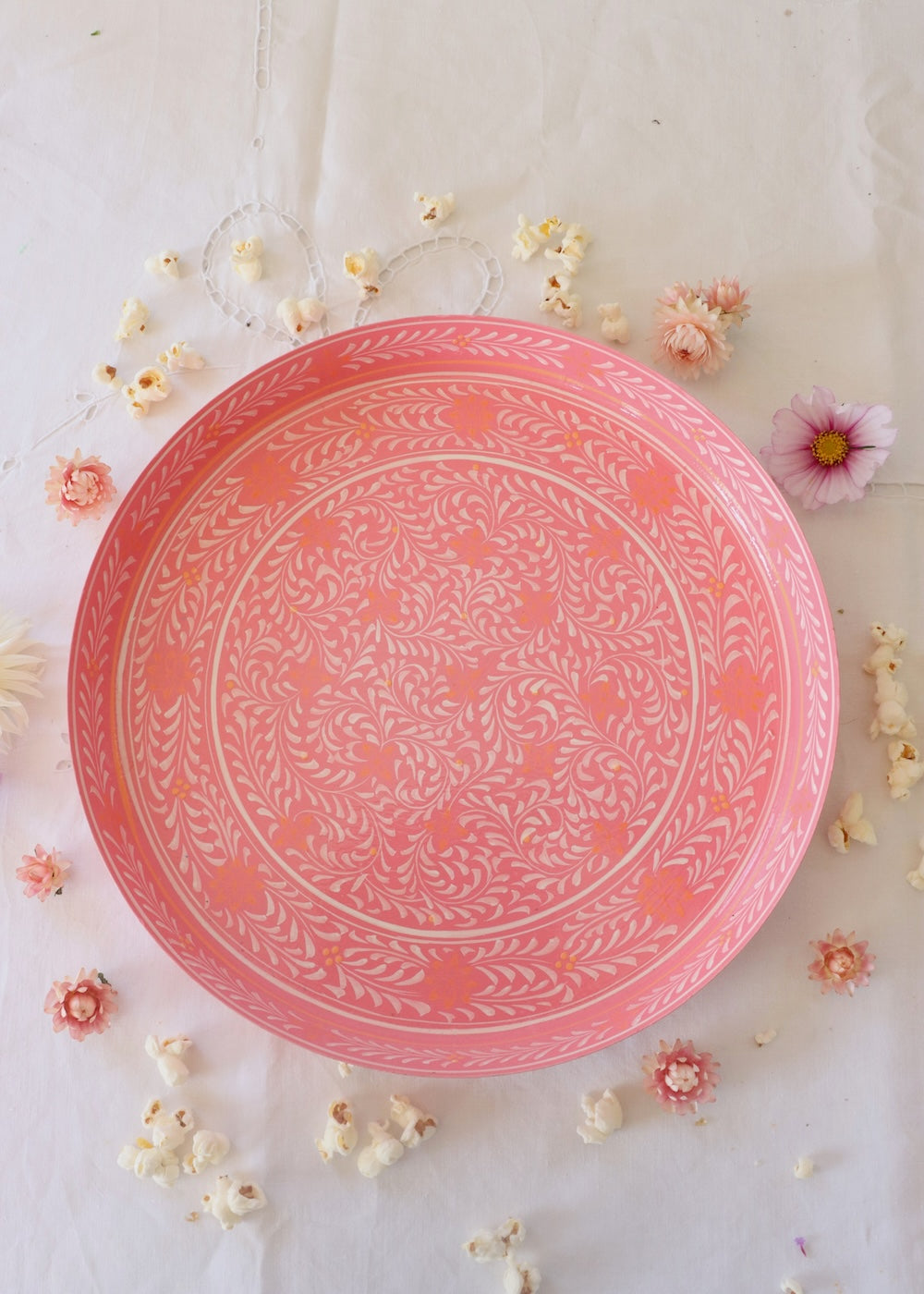 Hand Painted Round Thali Tray: Pink Leaf