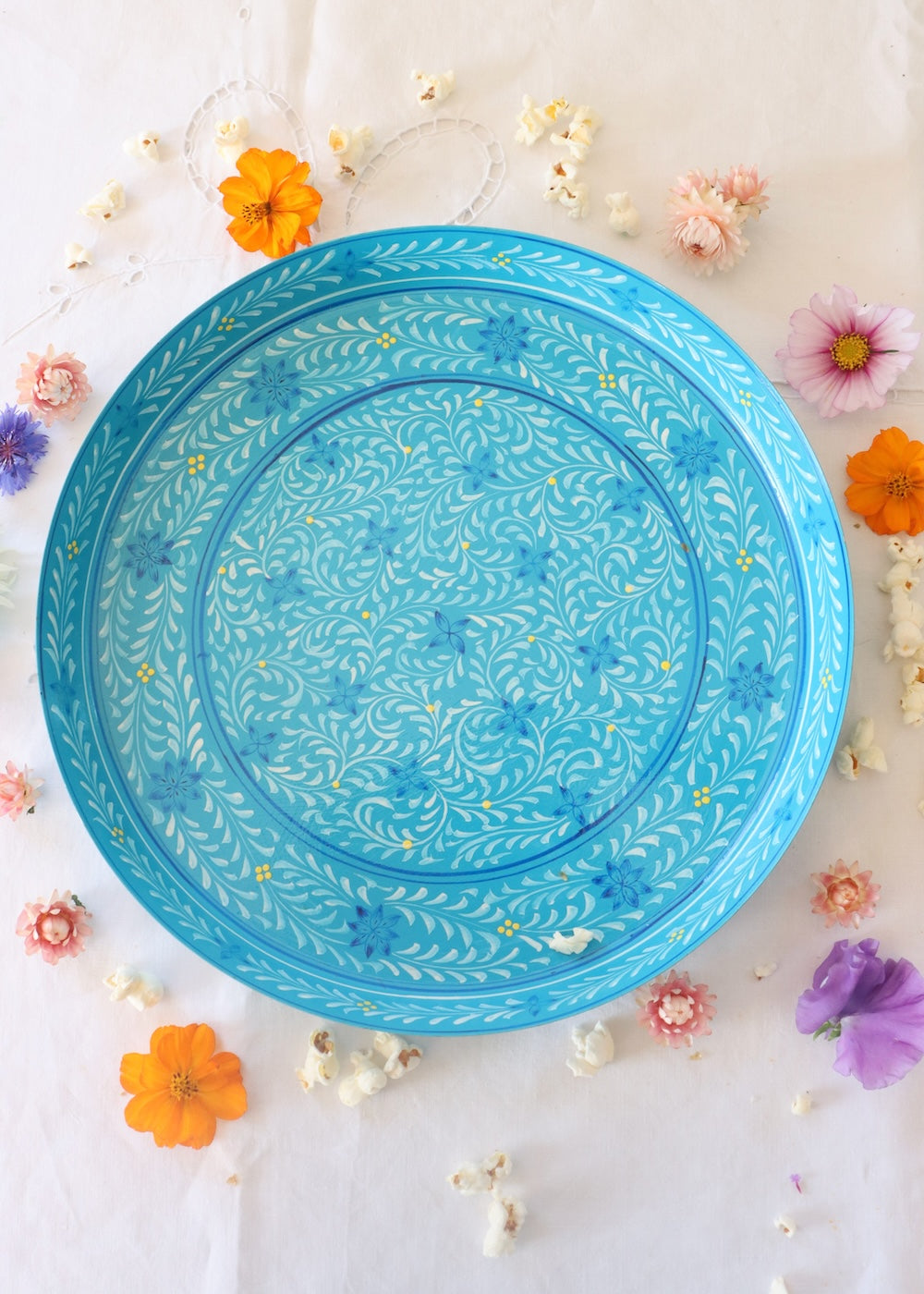 Hand Painted Round Thali Tray:  Petrol Blue Leaf