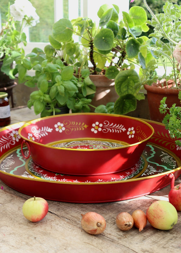 Large Painted Metal Tray - Deep Red