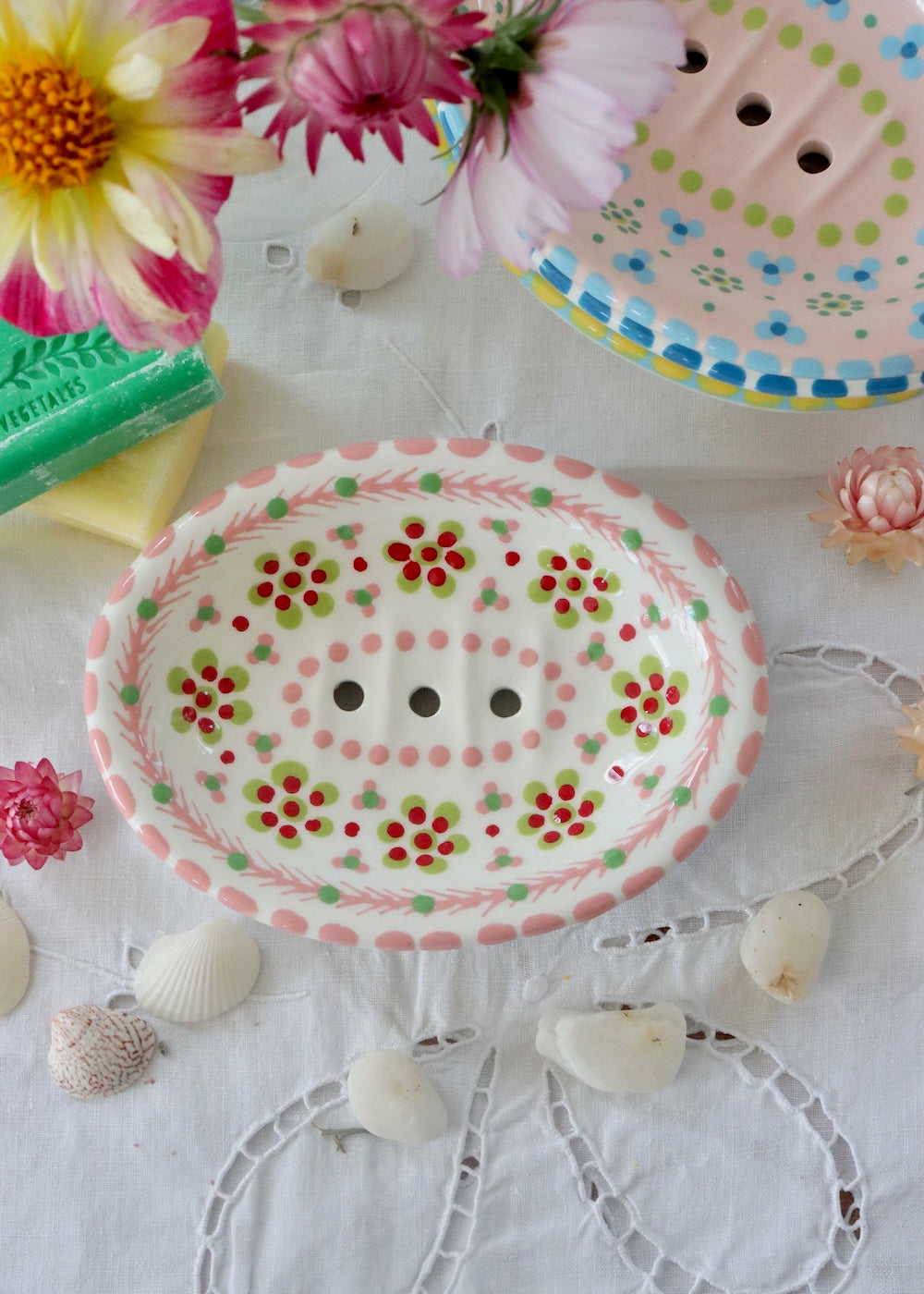 Soap Dish White Pink & Red Flower