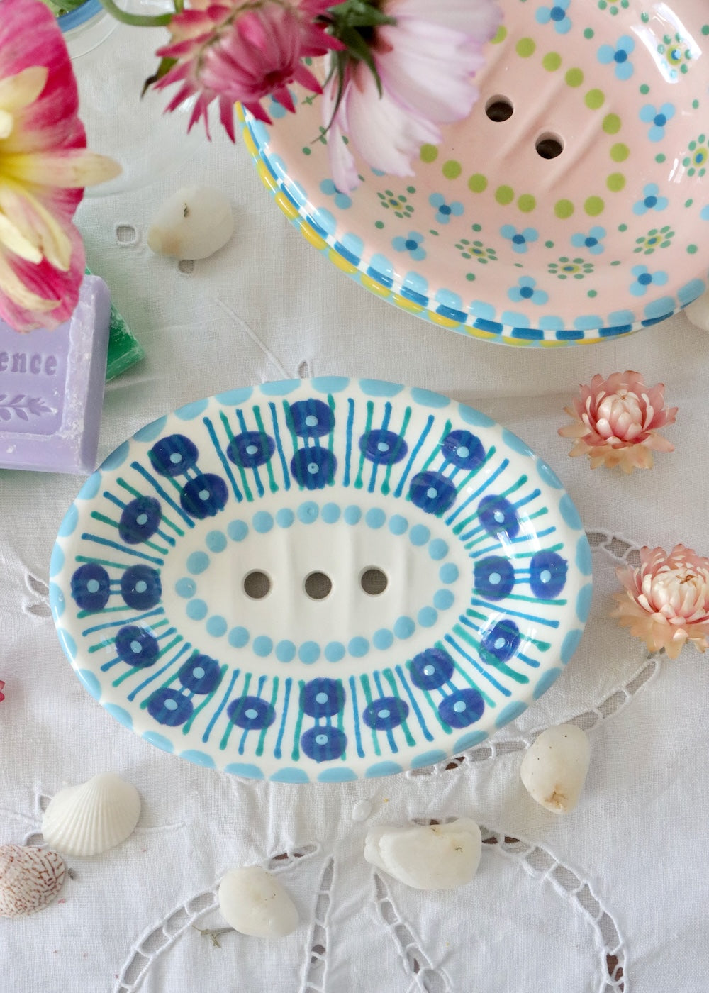 Soap Dish - White With Big Blue Dots