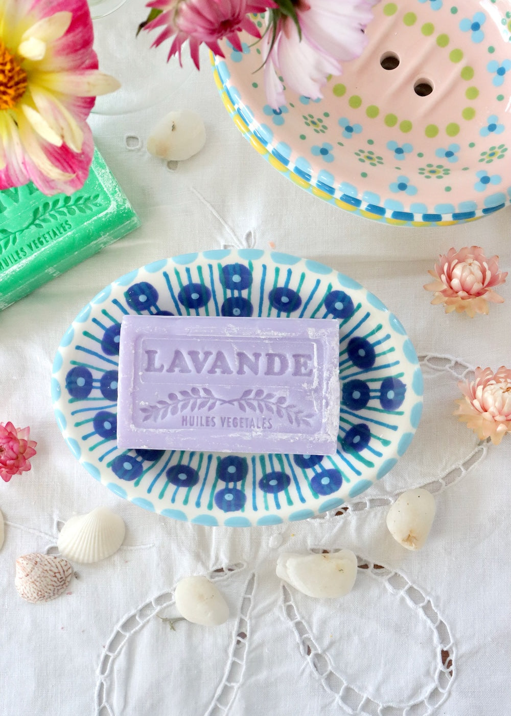 Soap Dish - White With Big Blue Dots