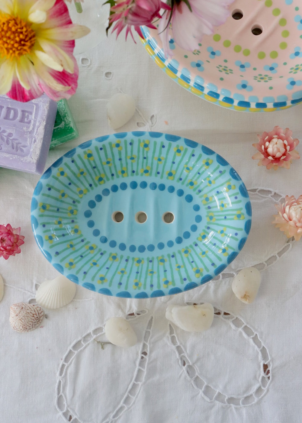 Soap Dish Pale Blue With Blue Dots