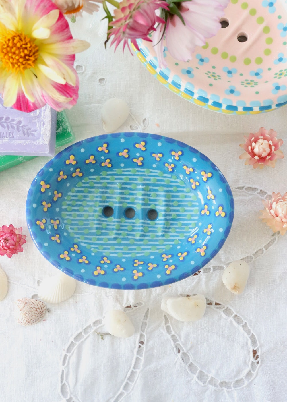 Soap Dish- Turquoise With White & Yellow Daisy