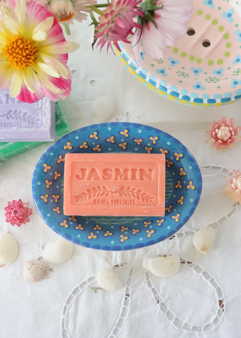 Soap Dish- Turquoise With White & Yellow Daisy