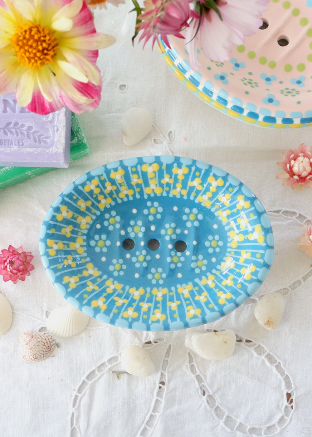 Soap Dish- Turquoise With Lines & Green Dots