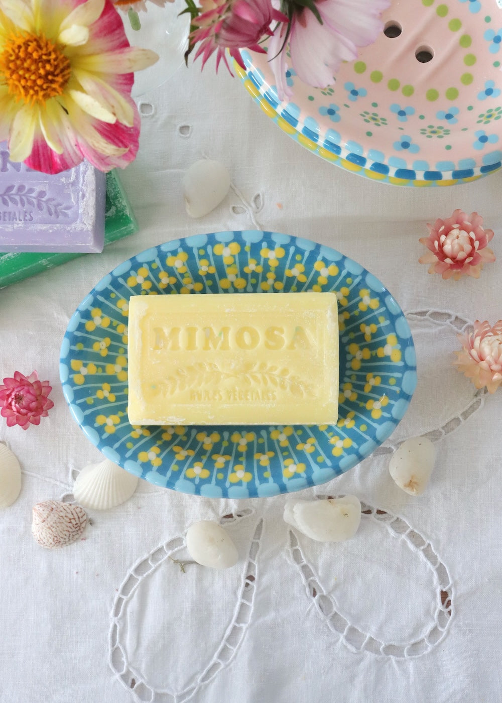 Soap Dish- Turquoise With Lines & Green Dots