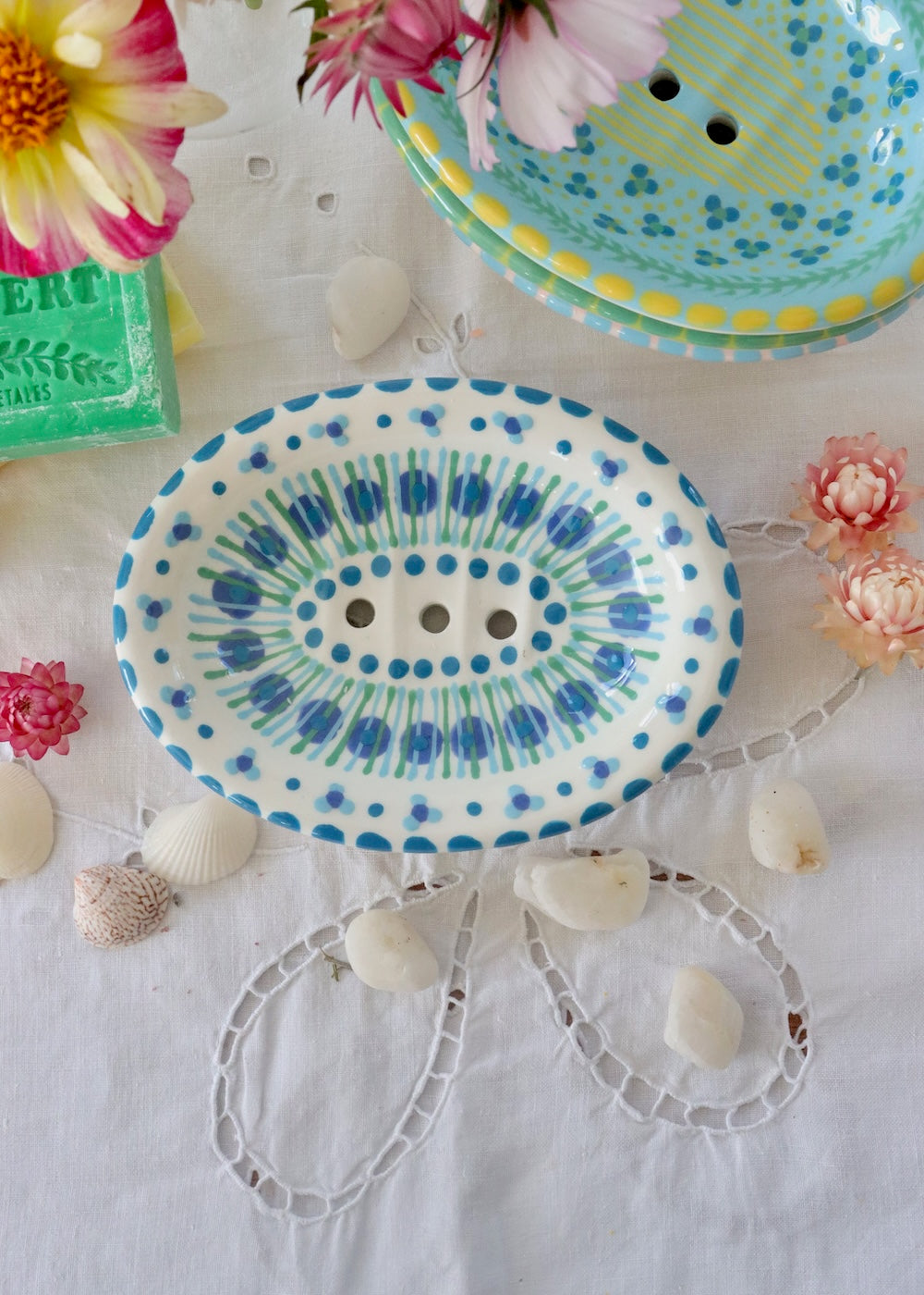 Soap Dish White Blue Dots