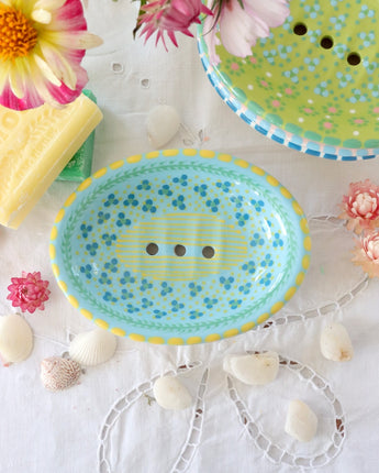 Soap Dish Pale Blue with Yellow Lines