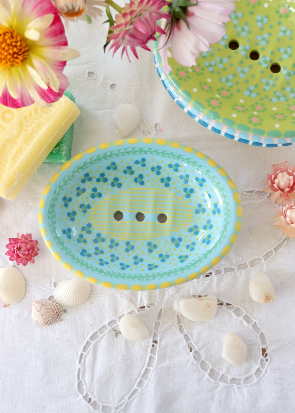 Soap Dish Pale Blue with Yellow Lines