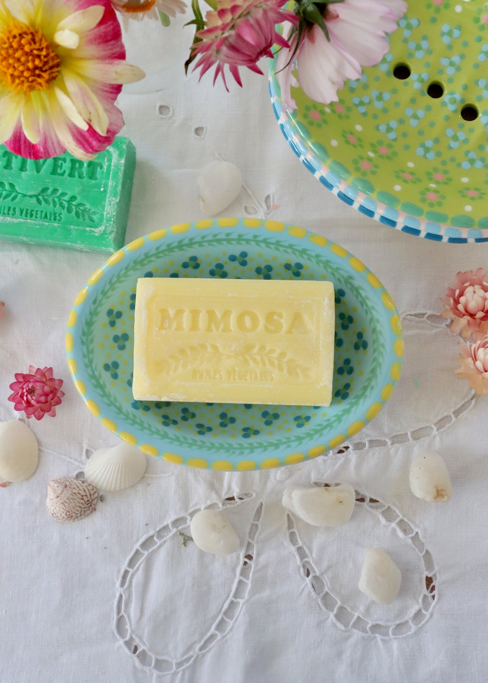 Soap Dish Pale Blue with Yellow Lines