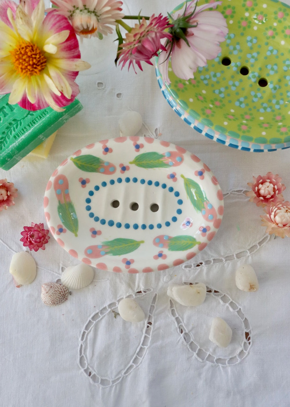 Soap Dish White & Pink with Green Leaf