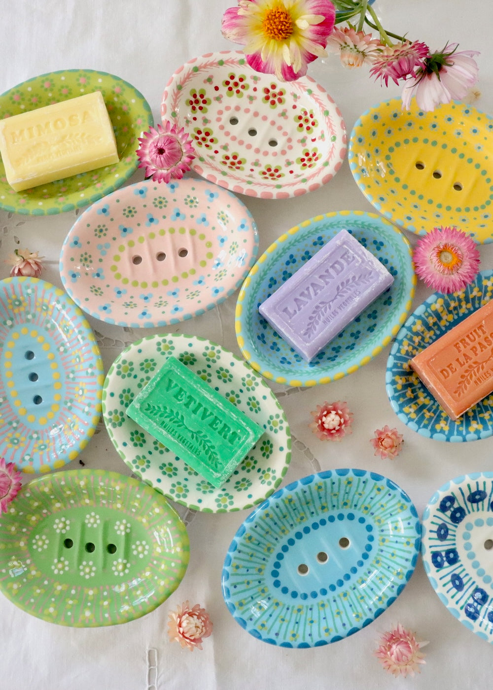 Soap Dish White & Pink with Green Leaf