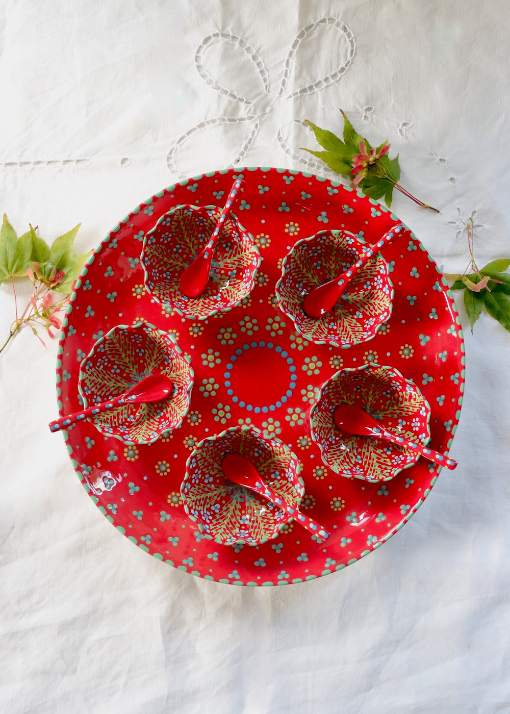 Round Serving Platter, Ramekin & Spoon Set: Red
